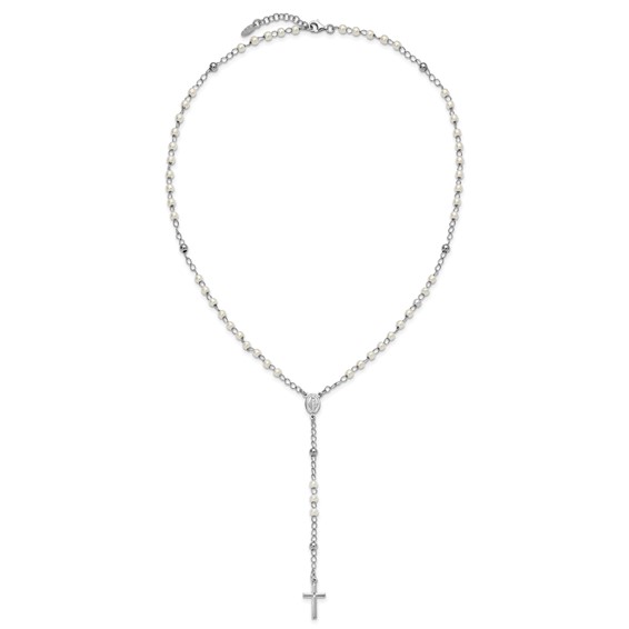 Sterling Silver Rhodium-plated Plastic Imitation Pearl 19.75 inch with 1 inch extender Rosary Necklace