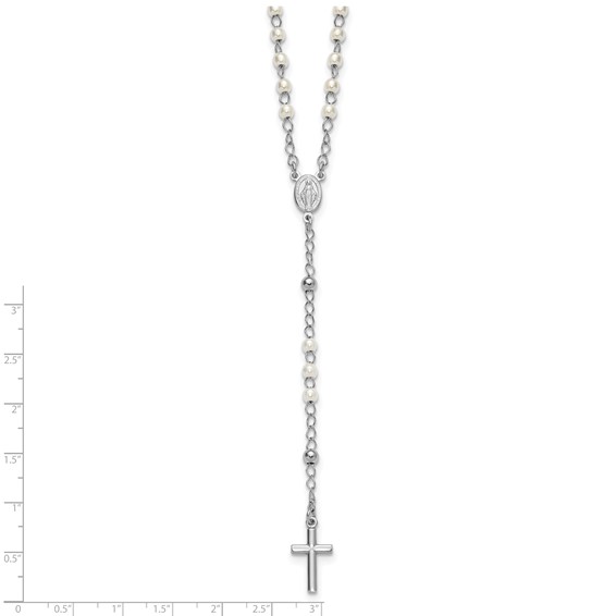 Sterling Silver Rhodium-plated Plastic Imitation Pearl 19.75 inch with 1 inch extender Rosary Necklace