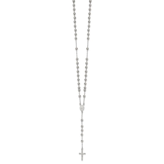 Sterling Silver Polished and Beaded Rosary 24 inch Necklace