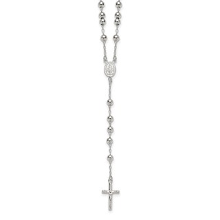 Sterling Silver Polished and Beaded Rosary 24 inch Necklace