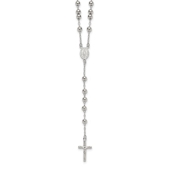 Sterling Silver Polished and Beaded Rosary 24 inch Necklace