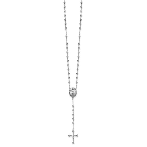 Sterling Silver Rhodium-plated CZ Diamond-cut Beaded 18 inch Rosary Necklace