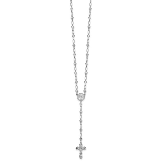 Sterling Silver Rhodium-plated Polished CZ and Diamond-cut Crosses 30.5 inch Rosary Necklace