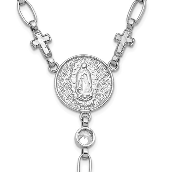 Sterling Silver Rhodium-plated Polished CZ and Diamond-cut Crosses 30.5 inch Rosary Necklace