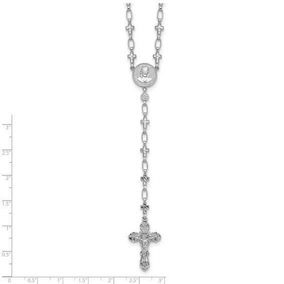 Sterling Silver Rhodium-plated Polished CZ and Diamond-cut Crosses 30.5 inch Rosary Necklace