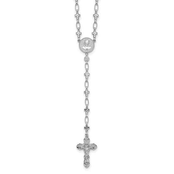 Sterling Silver Rhodium-plated Polished CZ and Diamond-cut Crosses 30.5 inch Rosary Necklace