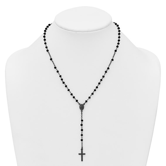 Sterling Silver Black Rhodium-plated Crystal 18.5 inch with 0.5 inch extender Rosary Necklace