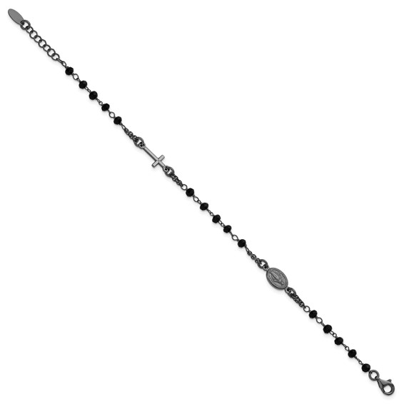 Sterling Silver Black Rhodium-plated Crystal 7 inch with 0.75 inch extender Rosary Themed Bracelet