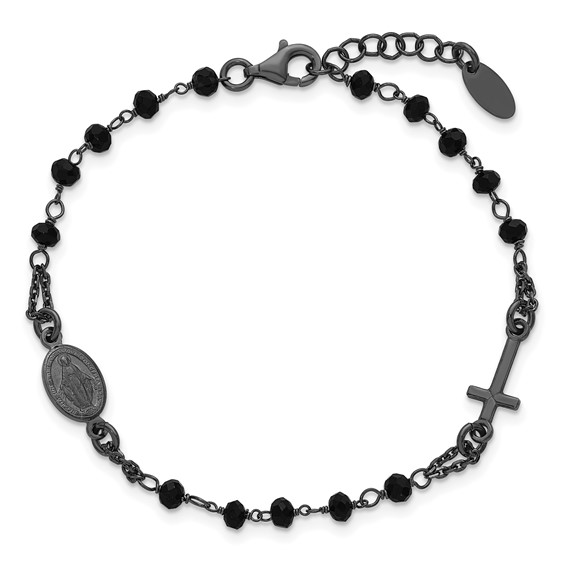 Sterling Silver Black Rhodium-plated Crystal 7 inch with 0.75 inch extender Rosary Themed Bracelet