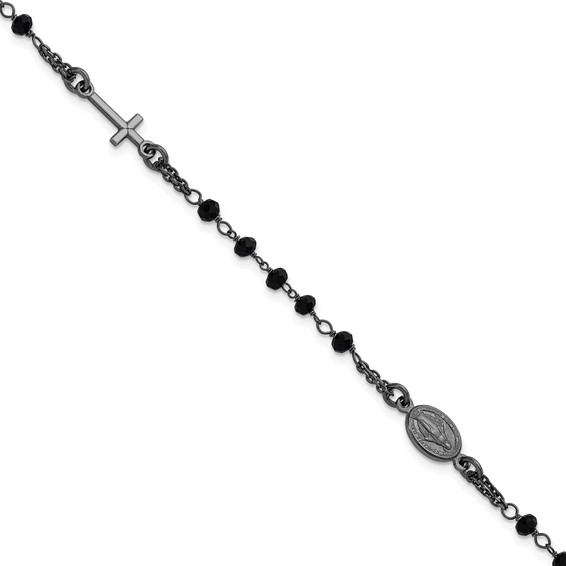 Sterling Silver Black Rhodium-plated Crystal 7 inch with 0.75 inch extender Rosary Themed Bracelet
