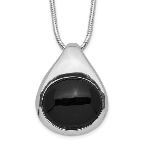 Sterling Silver Rhodium-plated Round Onyx Cabochon Pendant Necklace, 16"