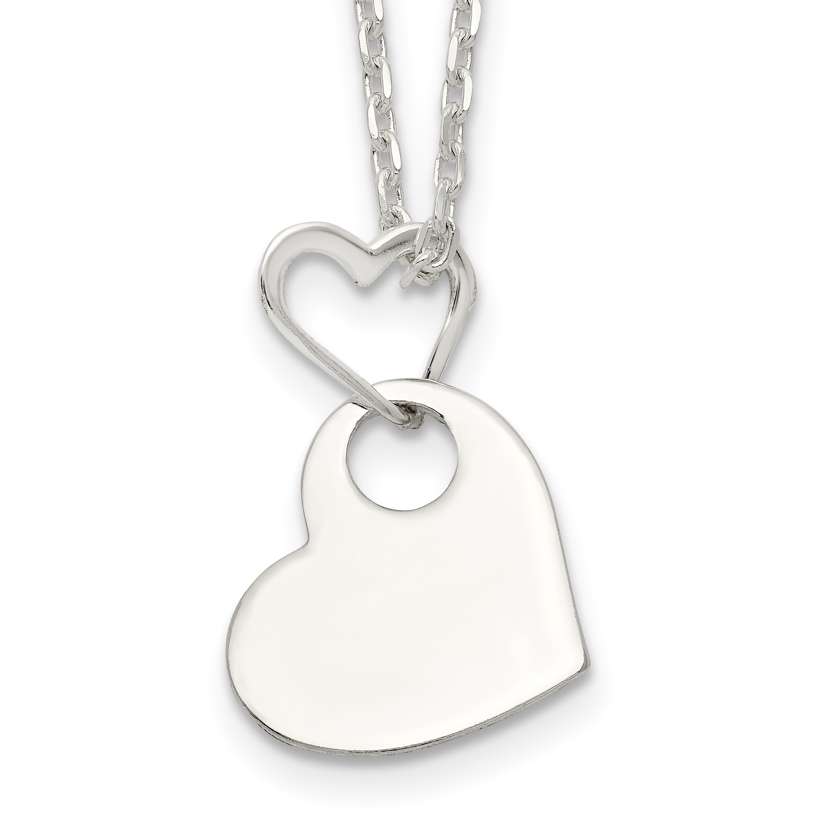 Sterling Silver Open Heart Holding A Heart Dangle 16 inch Necklace (QH778-16)