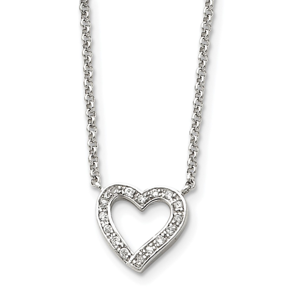 Solid .925 Sterling Silver CZ Heart on 16 Rolo Chain Necklace 16 inches ...