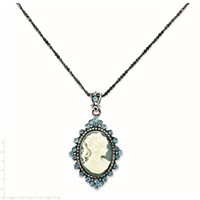 Sterling Silver Antiqued Blue Resin Cameo Necklace with Crystal, 16" view 3