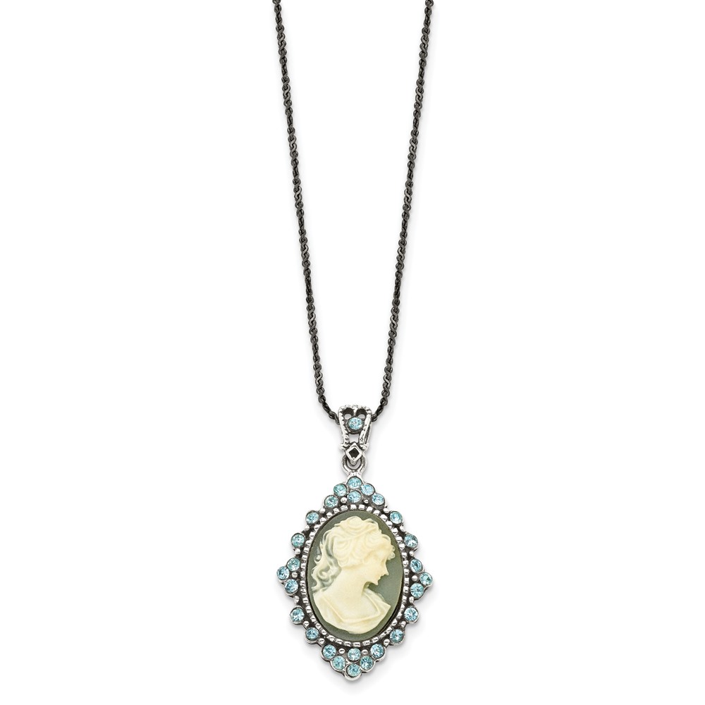 Sterling Silver Antiqued with Crystal Resin Cameo 16 inch Necklace (QH787-16)