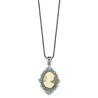 Sterling Silver Antiqued Blue Resin Cameo Necklace with Crystal, 16" view 2