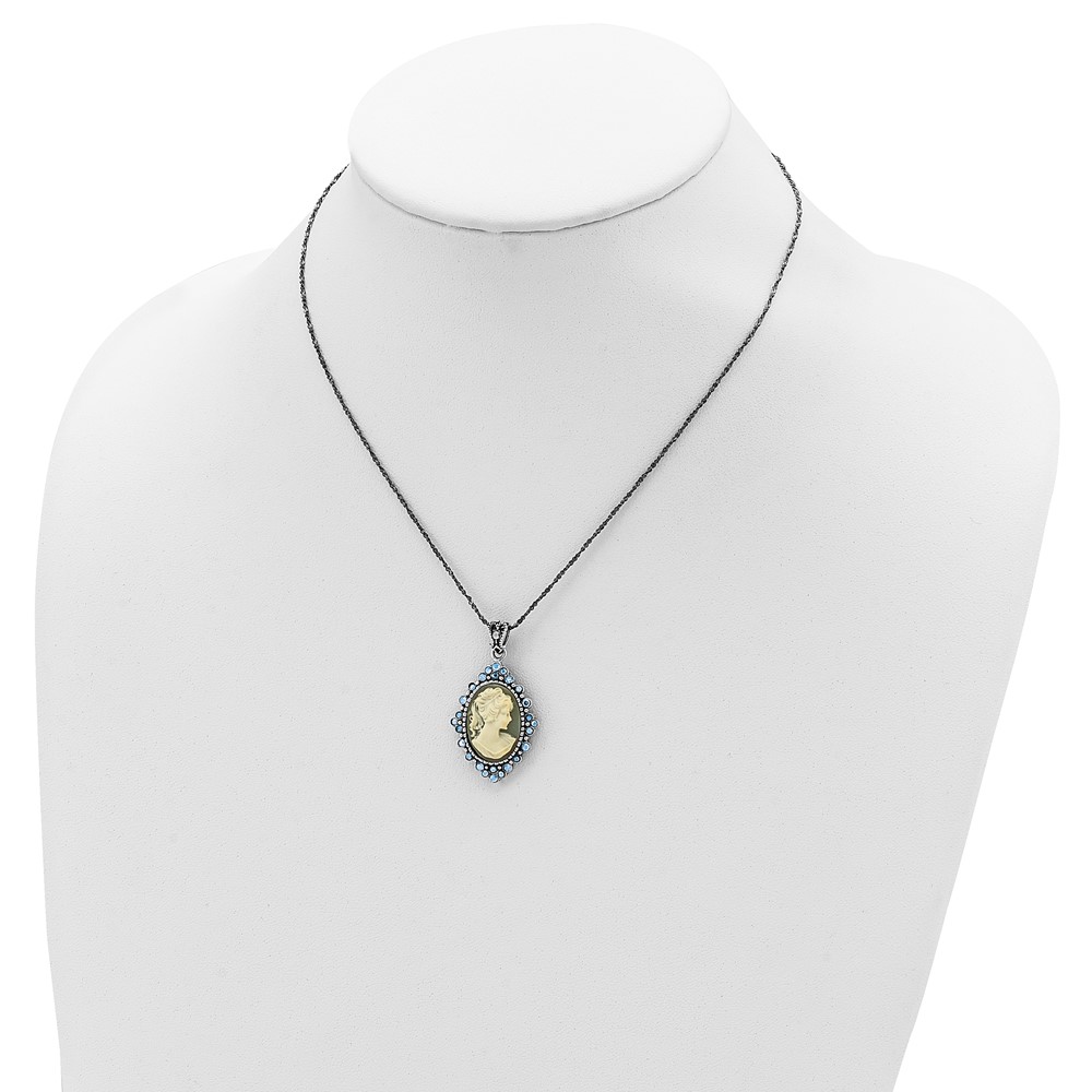 Sterling Silver Antiqued with Crystal Resin Cameo 16 inch Necklace (QH787-16)