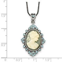Sterling Silver Antiqued Blue Resin Cameo Necklace with Crystal, 16" view 5