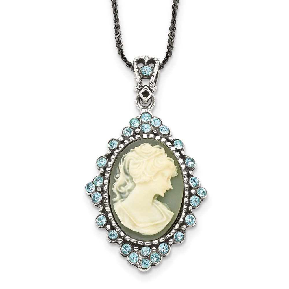 Sterling Silver Antiqued with Crystal Resin Cameo 16 inch Necklace (QH787-16)