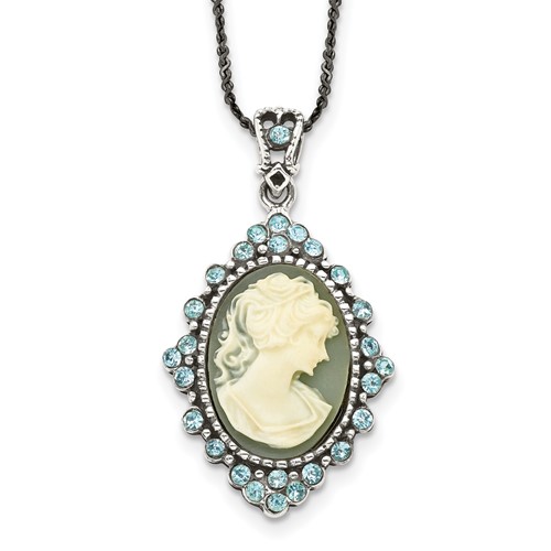 Sterling Silver Antiqued Blue Resin Cameo Necklace with Crystal, 16"