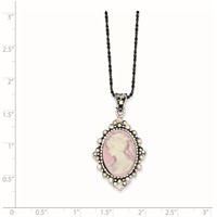 Sterling Silver Antiqued Pink Resin Cameo Necklace with Crystal, 16" view 3