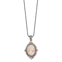 Sterling Silver Antiqued Pink Resin Cameo Necklace with Crystal, 16" view 2