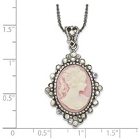 Sterling Silver Antiqued Pink Resin Cameo Necklace with Crystal, 16" view 5