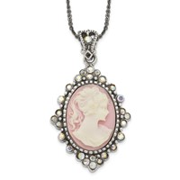 Sterling Silver Antiqued Pink Resin Cameo Necklace with Crystal, 16" view 1