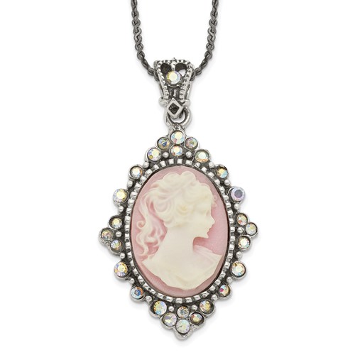Sterling Silver Antiqued Pink Resin Cameo Necklace with Crystal, 16"