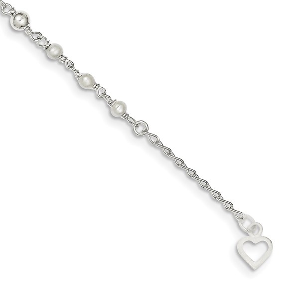 Sterling Silver Freshwater Cultured Pearl and Heart 9 inch Plus 1 inch Extender  - Total 10 inch Anklet