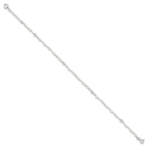 Sterling Silver Freshwater Cultured Pearl and Heart 9 inch Plus 1 inch Extender  - Total 10 inch Anklet