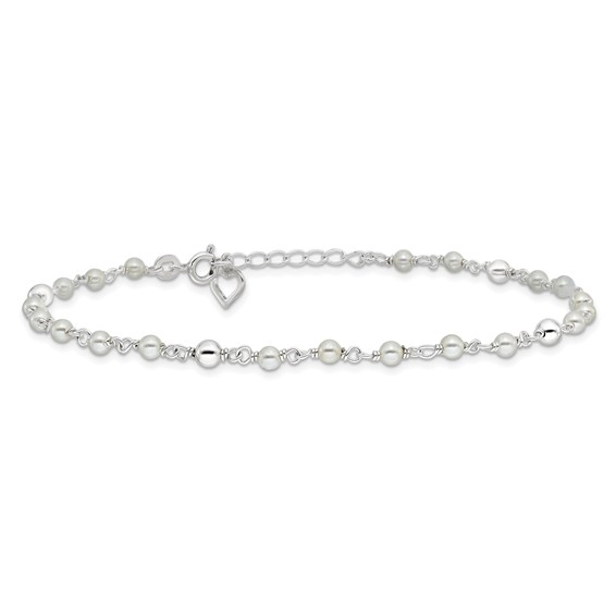 Sterling Silver Freshwater Cultured Pearl and Heart 9 inch Plus 1 inch Extender  - Total 10 inch Anklet