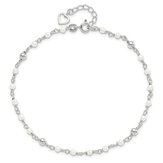 Sterling Silver Freshwater Cultured Pearl and Heart 9 inch Plus 1 inch Extender  - Total 10 inch Anklet