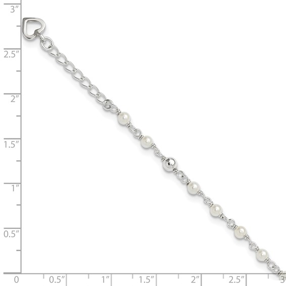 Sterling Silver Freshwater Cultured Pearl and Heart 9 inch Plus 1 inch Extender  - Total 10 inch Anklet