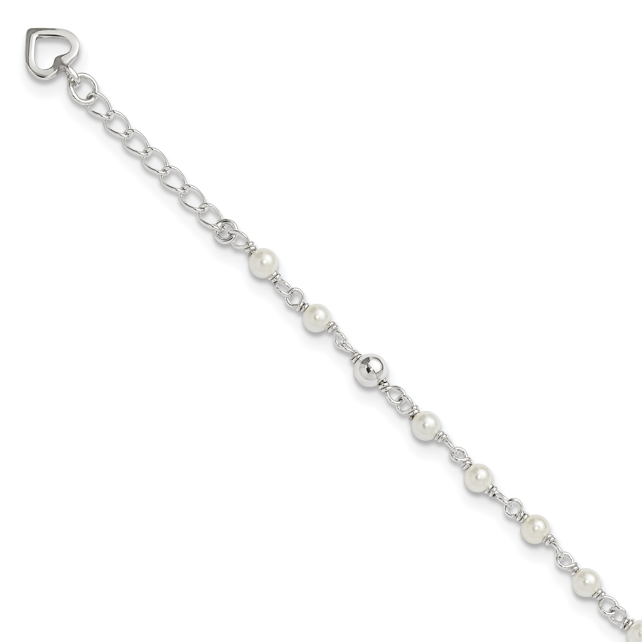 Sterling Silver Polished 9in Plus 1in ext FWC Pearl and Heart Anklet (QH942-10)