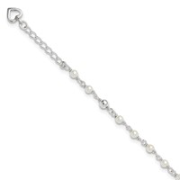 Sterling Silver Freshwater Cultured Pearl and Heart Plus 1 Inch Extender - Total 10 Inch Anklet, 9" view 1