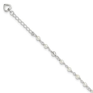 Sterling Silver Freshwater Cultured Pearl and Heart 9 inch Plus 1 inch Extender  - Total 10 inch Anklet