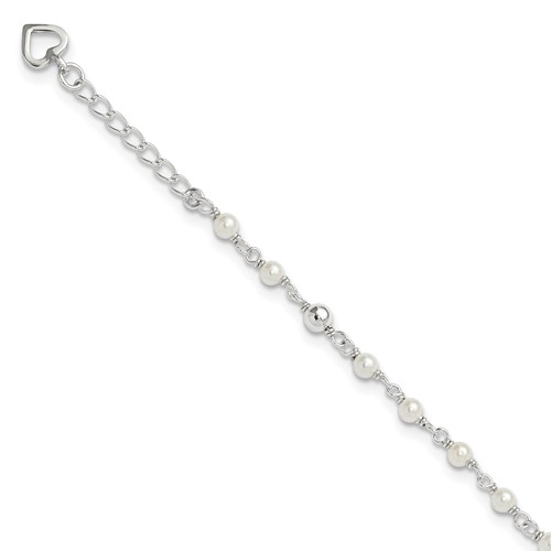 Sterling Silver Freshwater Cultured Pearl and Heart Plus 1 Inch Extender - Total 10 Inch Anklet - 9in