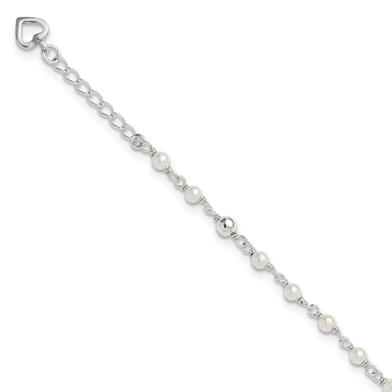 Sterling Silver Freshwater Cultured Pearl and Heart 9 inch Plus 1 inch Extender  - Total 10 inch Anklet
