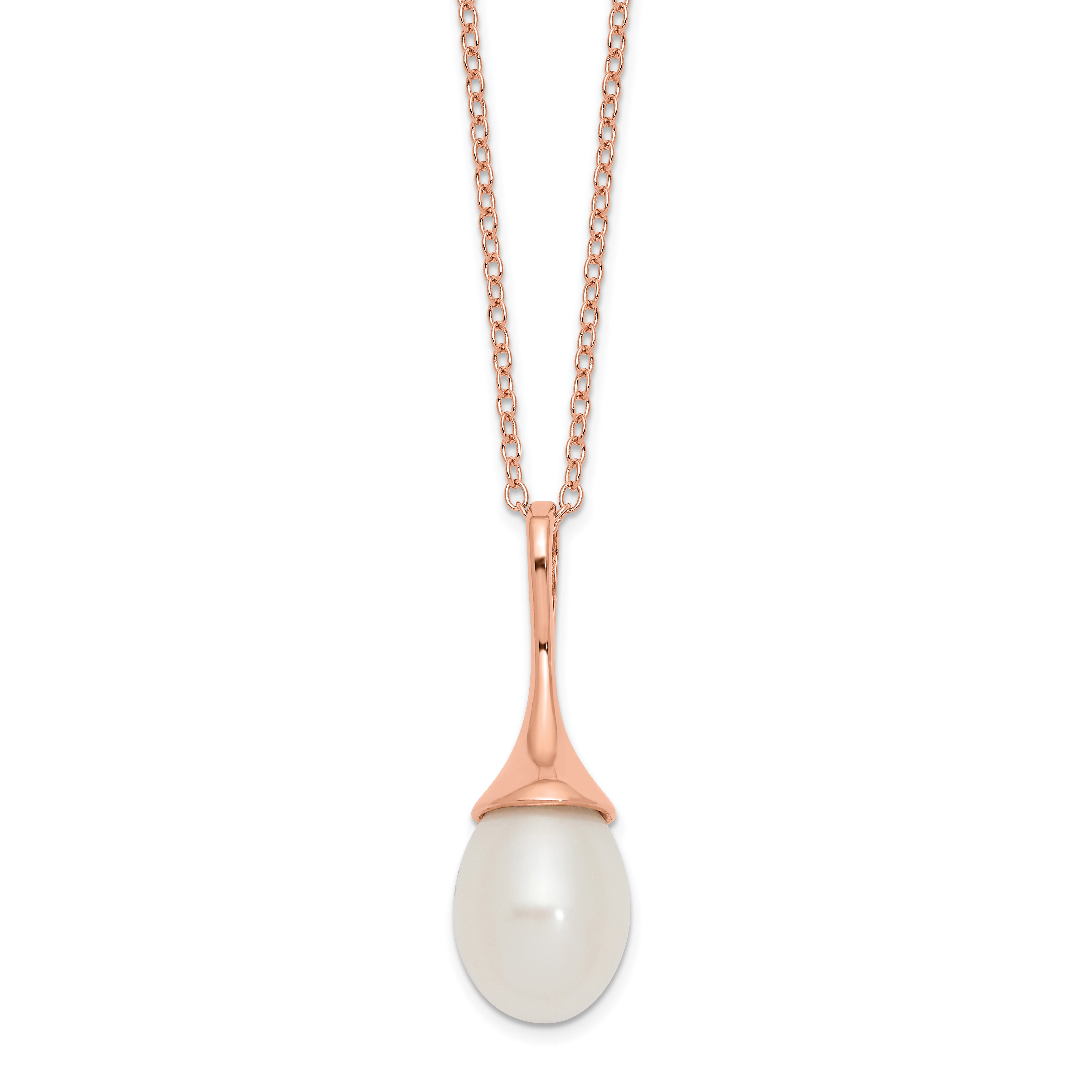 Sterling Silver Rose-tone 8-9mm White Teardrop Freshwater Cultured Pearl 17 inch Necklace (QHR5494-17)