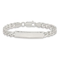 Sterling Silver Polished Engravable Curb Link 35x 8mm Diamond-cut Plate ID Bracelet, 7" view 3