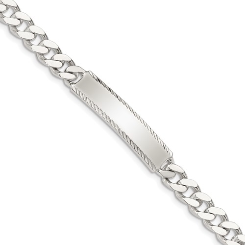 Sterling Silver Polished Engravable Curb Link 35x 8mm Diamond-cut Plate ID Bracelet, 7"