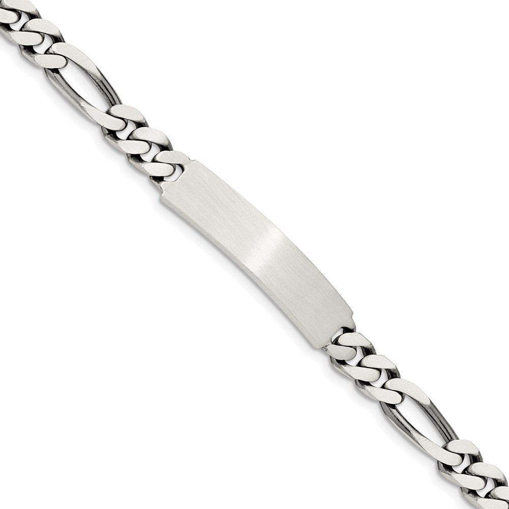 Sterling Silver Engravable Antiqued Figaro Link 34x 7mm Plate ID Bracelet, 8"