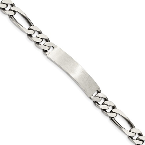 Sterling Silver Engravable Antiqued Figaro Link 36x 8mm Plate ID Bracelet, 8"
