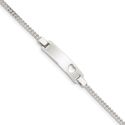 Sterling Silver Engravable Curb Link Cut-out Heart 24x 6mm Plate Adjustable ID Bracelet, 6"