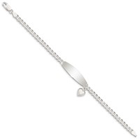 Sterling Silver Polished Engravable Curb Link Bracelet with Dangle Heart Charm and Oval 32x 9mm Plate ID, 7.5" view 2