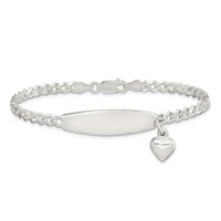 Sterling Silver Polished Engravable Curb Link Bracelet with Dangle Heart Charm and Oval 32x 9mm Plate ID, 7.5" view 3