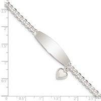 Sterling Silver Polished Engravable Curb Link Bracelet with Dangle Heart Charm and Oval 32x 9mm Plate ID, 7.5" view 4