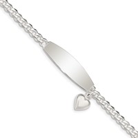 Sterling Silver Polished Engravable Curb Link Bracelet with Dangle Heart Charm and Oval 32x 9mm Plate ID, 7.5" view 1