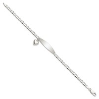 Sterling Silver Polished Engravable Figaro Link Bracelet with Dangle Heart Charm and Oval 30x 7mm Plate ID, 7.5" view 2
